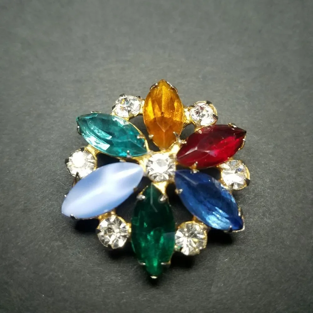 Vintage Julianna Style Cranberry Floral Rhinestone Cluster Multicolor Brooch